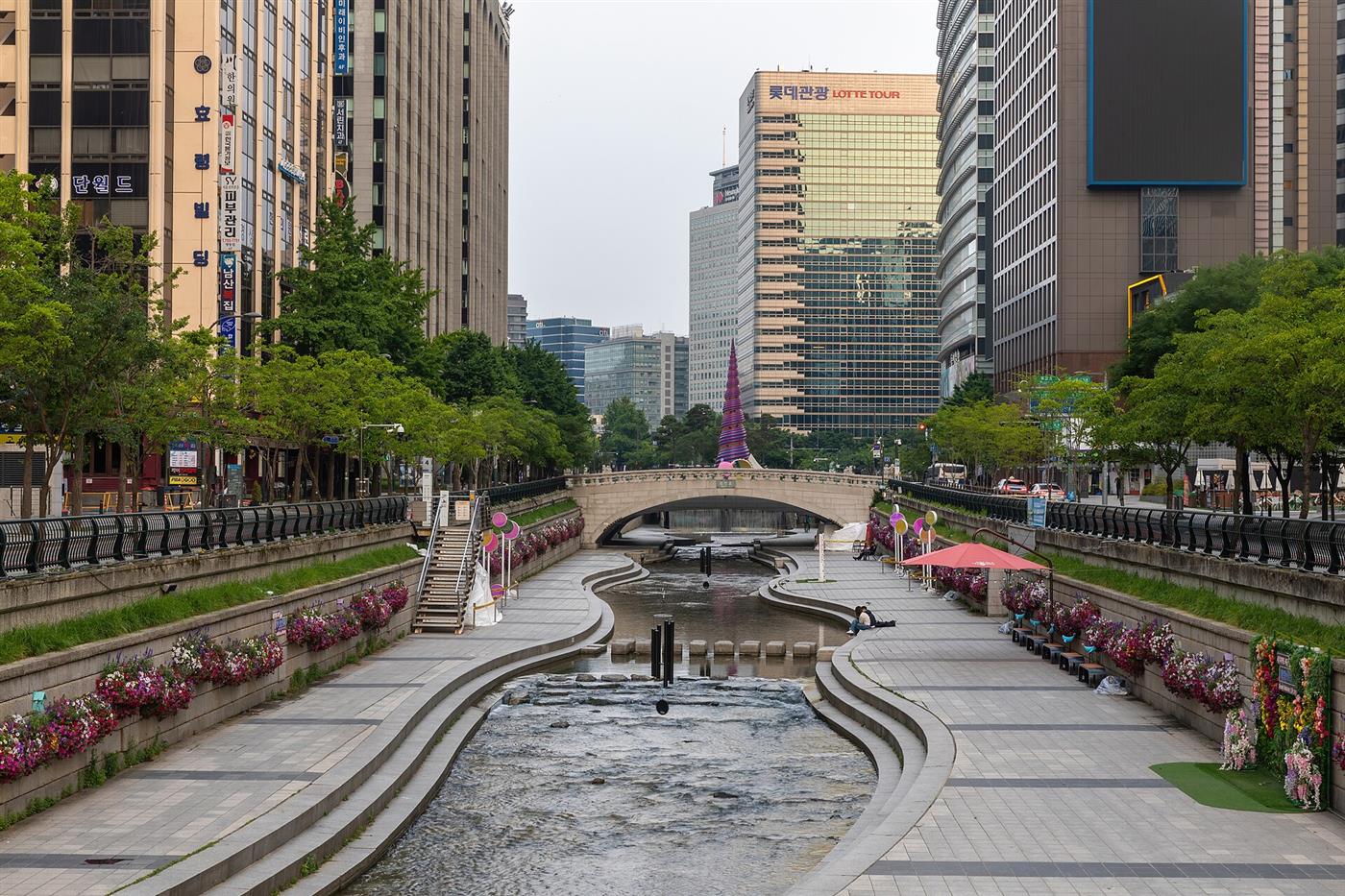 Córrego Cheonggyecheon hoje, com água limpa, flores, ponte e pessoas caminhando.